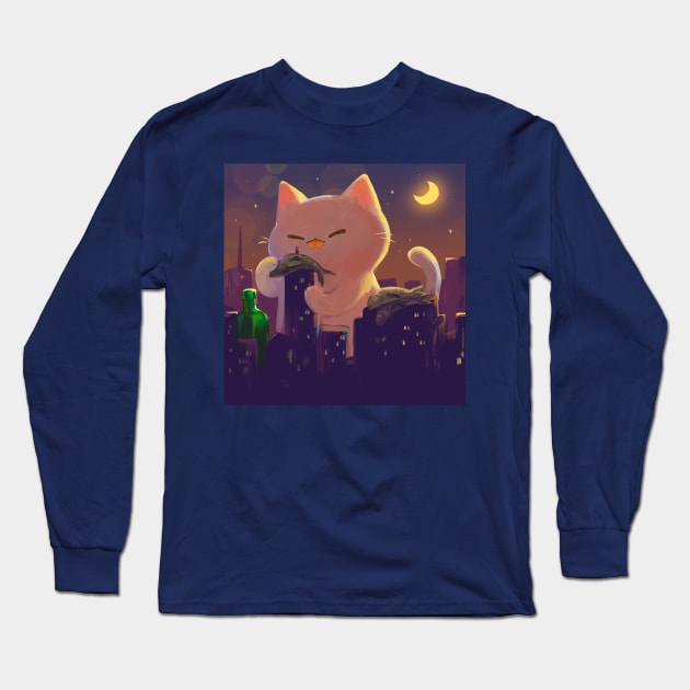 Cat Godzilla City Night Long Sleeve T-Shirt by vooolatility